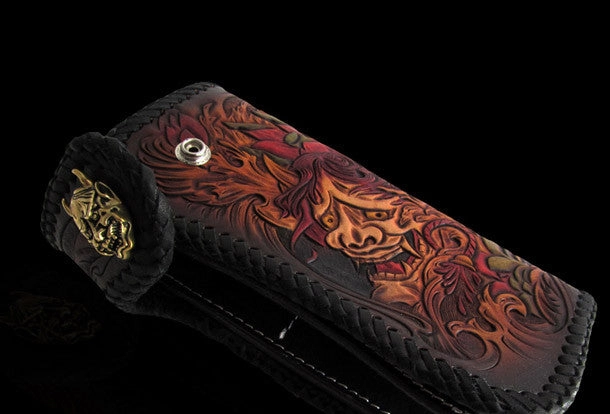 Handmade black color leather prajna carved biker wallet Long wallet clutch for men