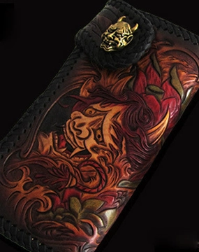 Handmade black color leather prajna carved biker wallet Long wallet clutch for men