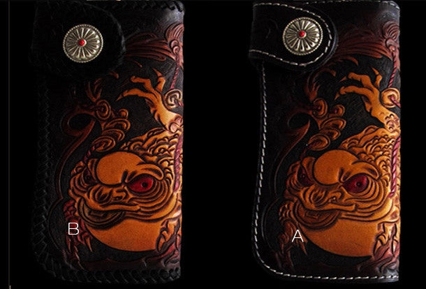 Handmade black color leather toad carved biker wallet Long wallet clutch for men