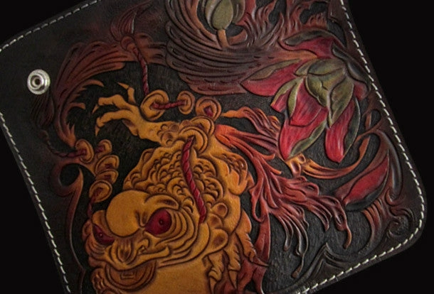 Handmade black color leather toad carved biker wallet Long wallet clutch for men