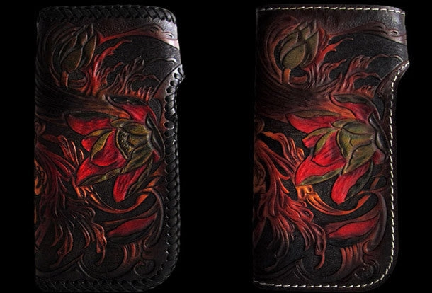 Handmade black color leather toad carved biker wallet Long wallet clutch for men