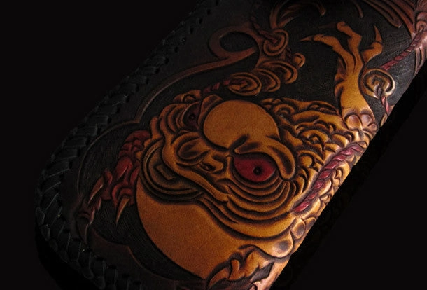Handmade black color leather toad carved biker wallet Long wallet clutch for men