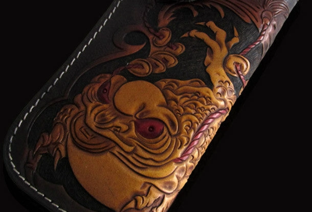 Handmade black color leather toad carved biker wallet Long wallet clutch for men