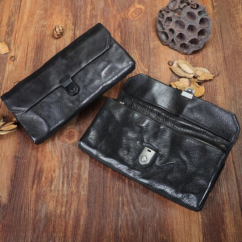 Handmade Black Cool Leather Mens Long Leather Wallet Bifold Clutch Wallet Phone Bag for Men