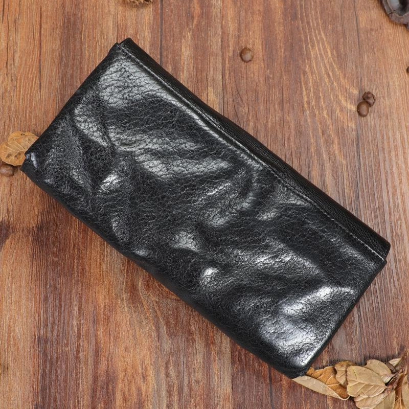 Handmade Black Cool Leather Mens Long Leather Wallet Bifold Clutch Wallet Phone Bag for Men