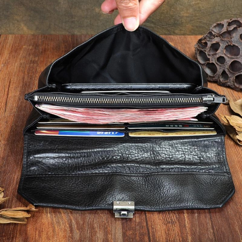 Handmade Black Cool Leather Mens Long Leather Wallet Bifold Clutch Wallet Phone Bag for Men