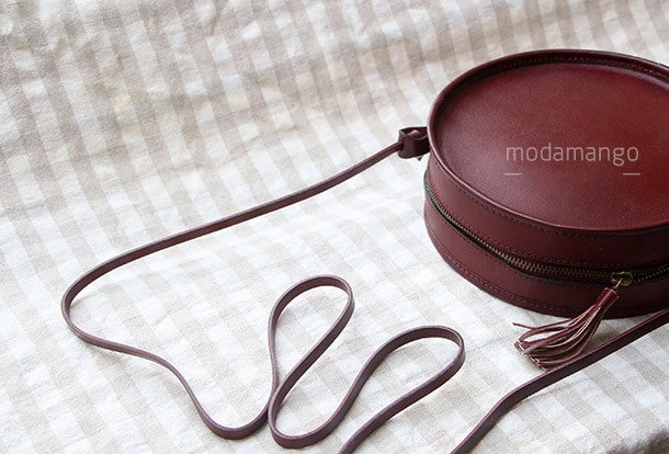 Handmade Black Leather Circle bag for women leather shoulder bag crossbody bag