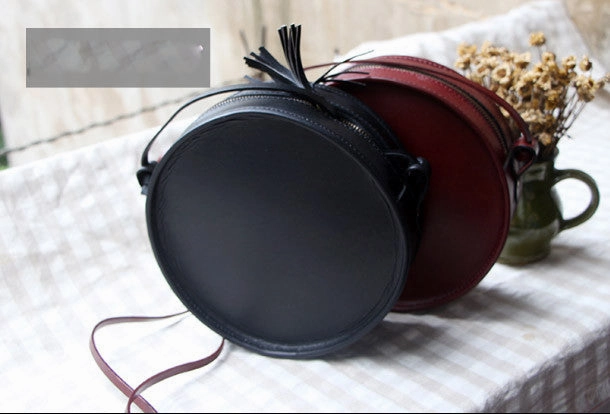 Handmade Black Leather Circle bag for women leather shoulder bag crossbody bag