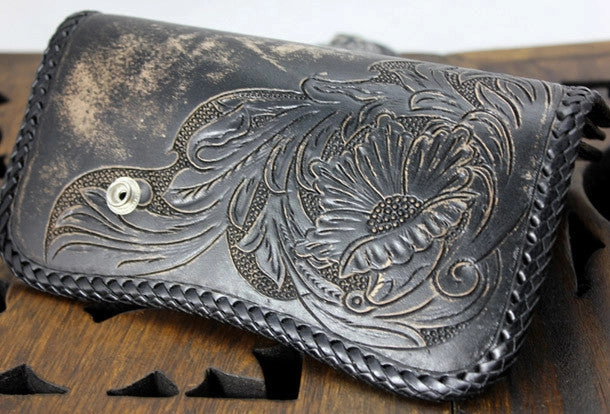 Handmade black leather floral grass punk carved biker wallet Long wallet clutch for men