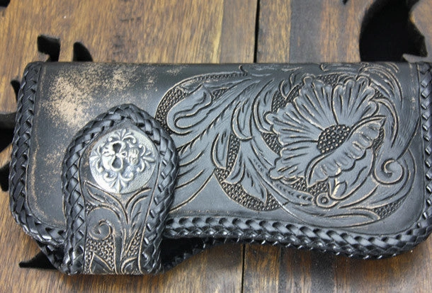Handmade black leather floral grass punk carved biker wallet Long wallet clutch for men