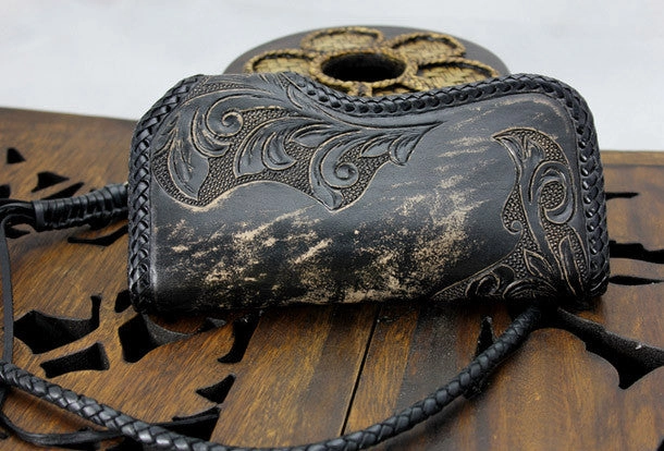 Handmade black leather floral grass punk carved biker wallet Long wallet clutch for men
