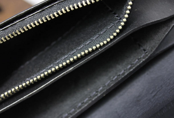 Handmade black leather floral grass punk carved biker wallet Long wallet clutch for men