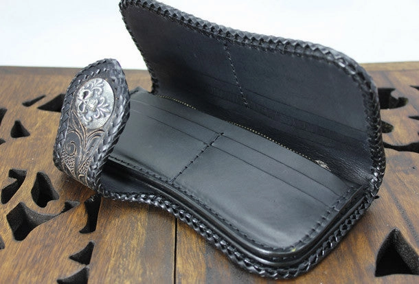 Handmade black leather floral grass punk carved biker wallet Long wallet clutch for men