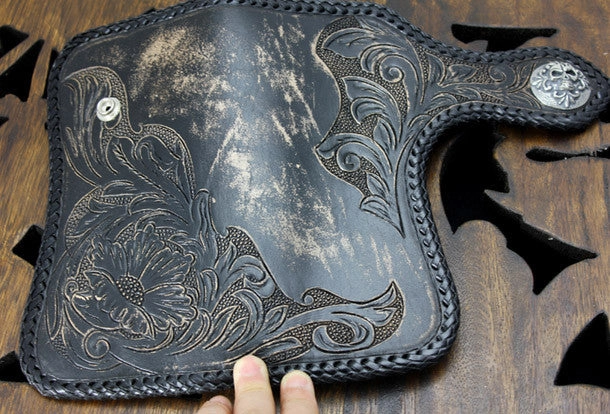 Handmade black leather floral grass punk carved biker wallet Long wallet clutch for men