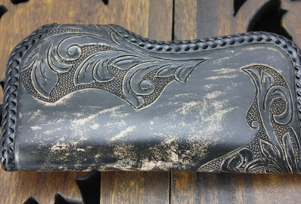 Handmade black leather floral grass punk carved biker wallet Long wallet clutch for men