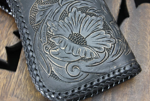 Handmade black leather floral grass punk carved biker wallet Long wallet clutch for men
