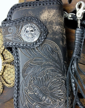 Handmade black leather floral grass punk carved biker wallet Long wallet clutch for men