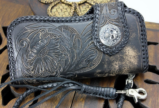 Handmade black leather floral grass punk carved biker wallet Long wallet clutch for men
