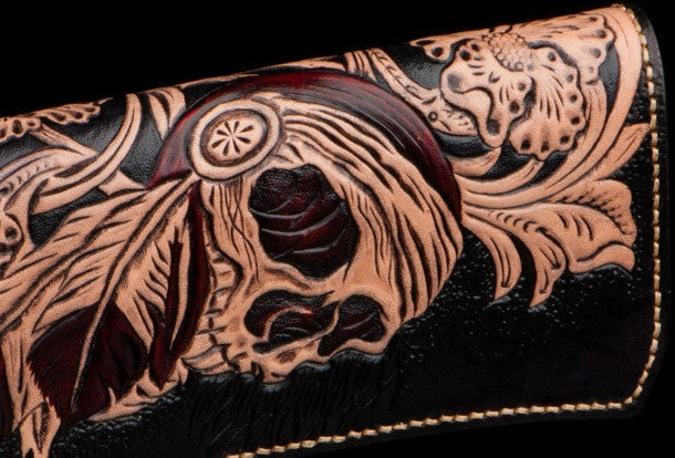 Handmade black leather indian skull carved biker wallet bifold Long wallet clutch for men