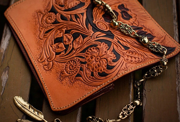 Handmade black leather indian skull carved biker wallet bifold Long wallet clutch for men