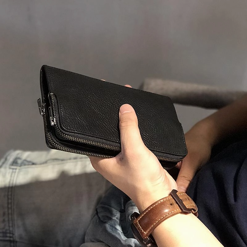 Handmade Black Leather Mens Bifold Long Wallet Brown Multifunction Wallet Phone Wallet Card Holder Clutch Men