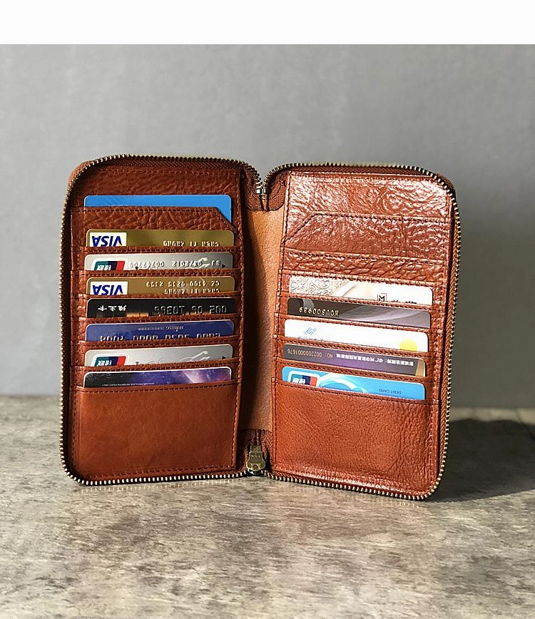Handmade Black Leather Mens Bifold Long Wallet Brown Zipper Long Wallets Card Holders Clutch Men