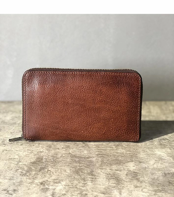 Handmade Black Leather Mens Bifold Long Wallet Brown Zipper Long Wallets Card Holders Clutch Men