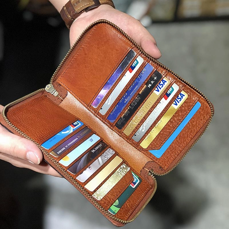 Handmade Black Leather Mens Bifold Long Wallet Brown Zipper Long Wallets Card Holders Clutch Men
