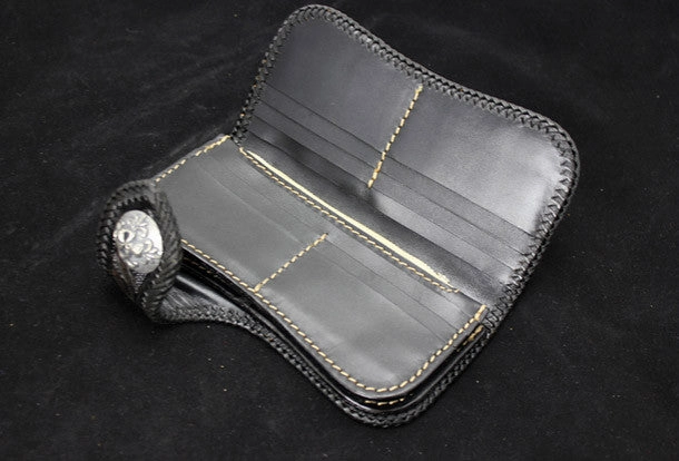 Handmade black leather punk Halley skull carved biker wallet Long wallet clutch for men