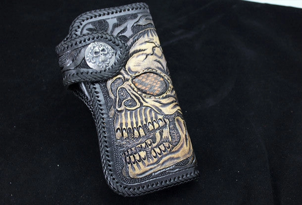 Handmade black leather punk Halley skull carved biker wallet Long wallet clutch for men