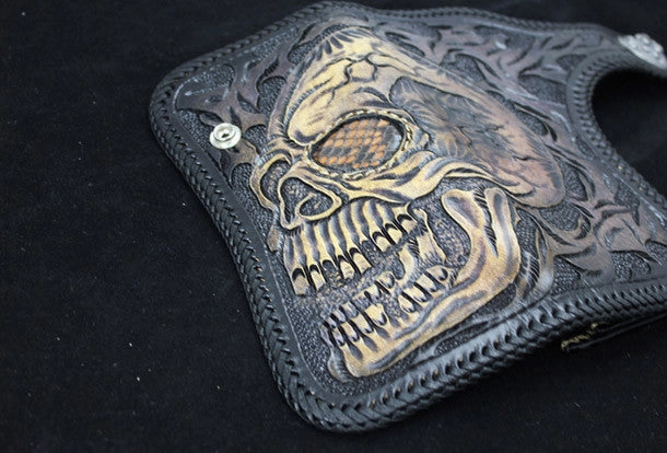 Handmade black leather punk Halley skull carved biker wallet Long wallet clutch for men