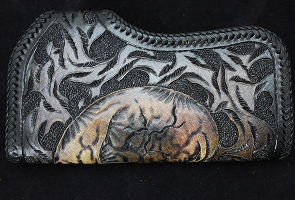 Handmade black leather punk Halley skull carved biker wallet Long wallet clutch for men