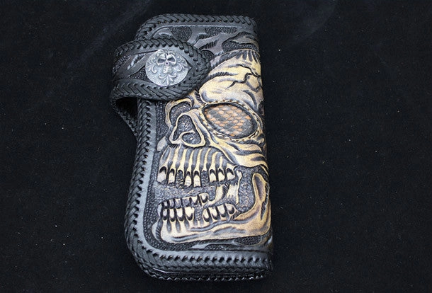 Handmade black leather punk Halley skull carved biker wallet Long wallet clutch for men