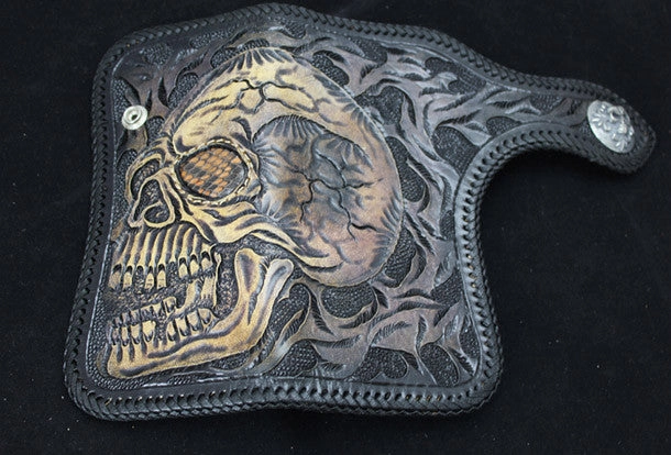 Handmade black leather punk Halley skull carved biker wallet Long wallet clutch for men