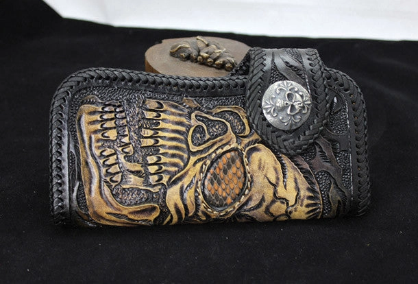 Handmade black leather punk Halley skull carved biker wallet Long wallet clutch for men