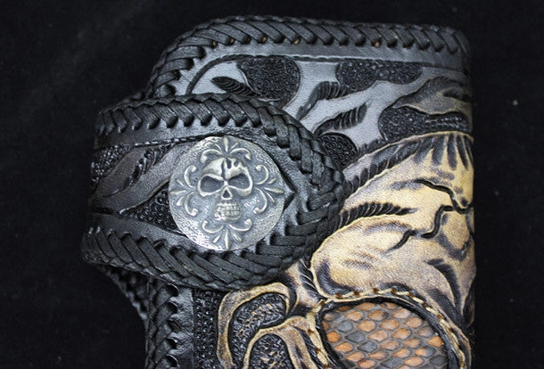 Handmade black leather punk Halley skull carved biker wallet Long wallet clutch for men