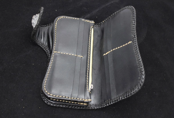 Handmade black leather punk Halley skull carved biker wallet Long wallet clutch for men