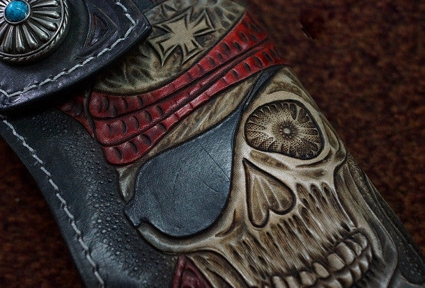 Handmade black leather punk skull carved biker chain wallet Long wallet clutch for men