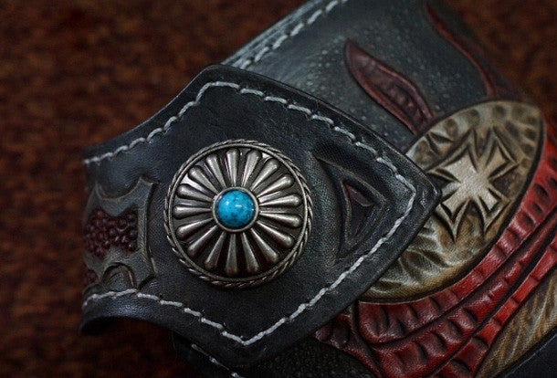 Handmade black leather punk skull carved biker chain wallet Long wallet clutch for men