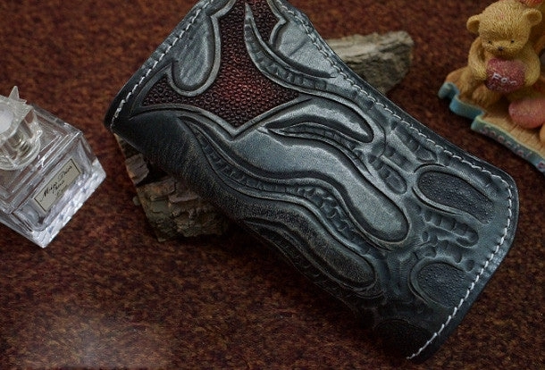 Handmade black leather punk skull carved biker chain wallet Long wallet clutch for men