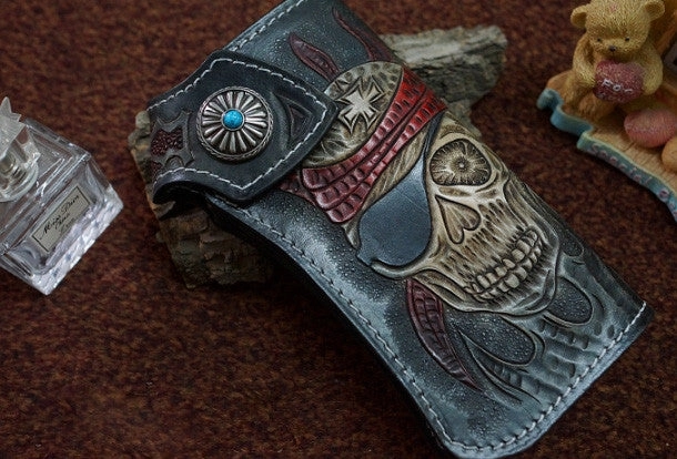 Handmade black leather punk skull carved biker chain wallet Long wallet clutch for men