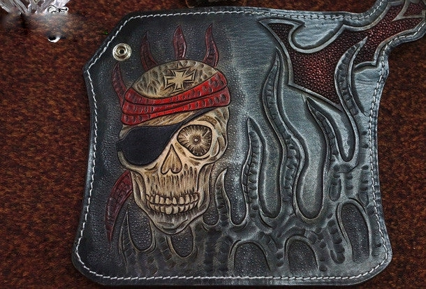 Handmade black leather punk skull carved biker chain wallet Long wallet clutch for men