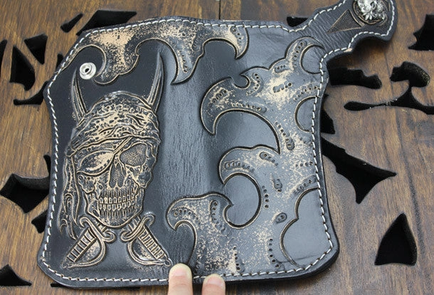 Handmade black leather punk skull pirate carved biker wallet Long wallet clutch for men