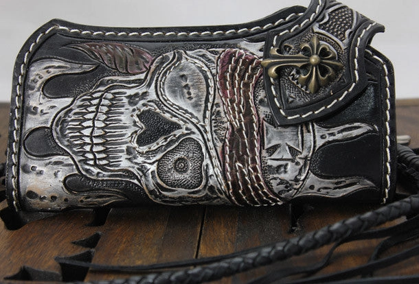 Handmade black leather punk vintage skull carved biker wallet Long wallet clutch for men