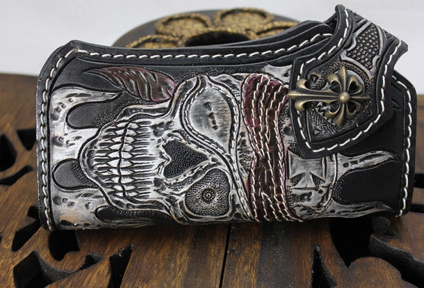 Handmade black leather punk vintage skull carved biker wallet Long wallet clutch for men
