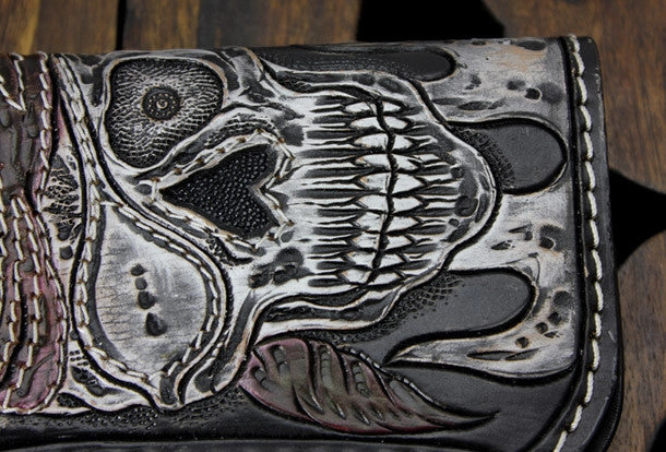 Handmade black leather punk vintage skull carved biker wallet Long wallet clutch for men