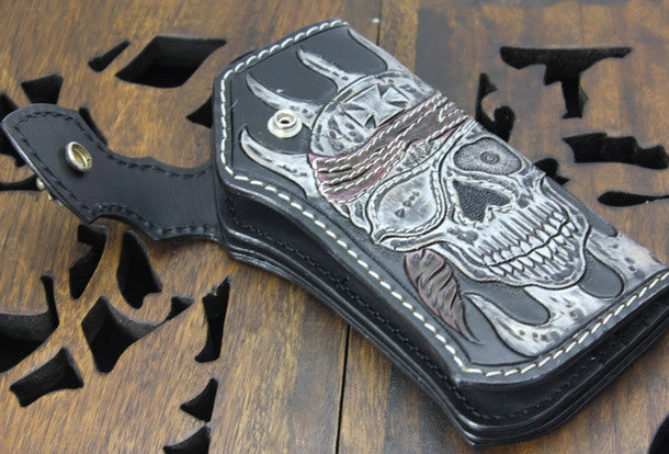 Handmade black leather punk vintage skull carved biker wallet Long wallet clutch for men
