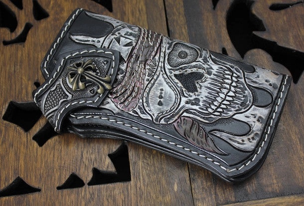 Handmade black leather punk vintage skull carved biker wallet Long wallet clutch for men