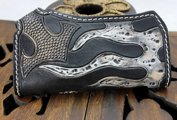 Handmade black leather punk vintage skull carved biker wallet Long wallet clutch for men