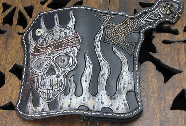 Handmade black leather punk vintage skull carved biker wallet Long wallet clutch for men